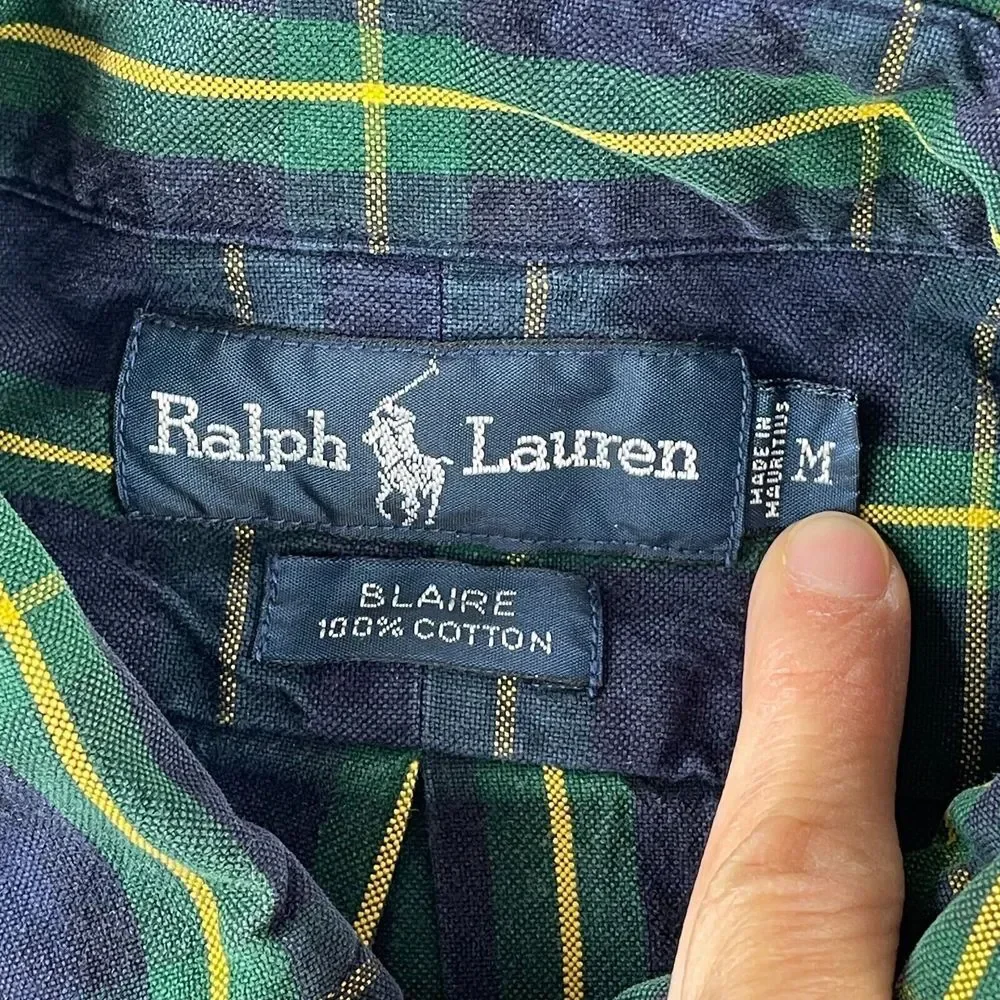 Vintage Polo Ralph Lauren Shirt Men Medium‎ Navy Tartan Plaid Blaire Preppy Pony